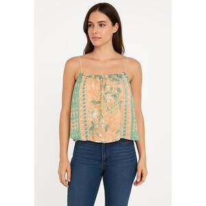 NWT Miss Me Top Womens Sz Med Peach Teal Spaghetti Strap Floral Ruffled Hem Boho